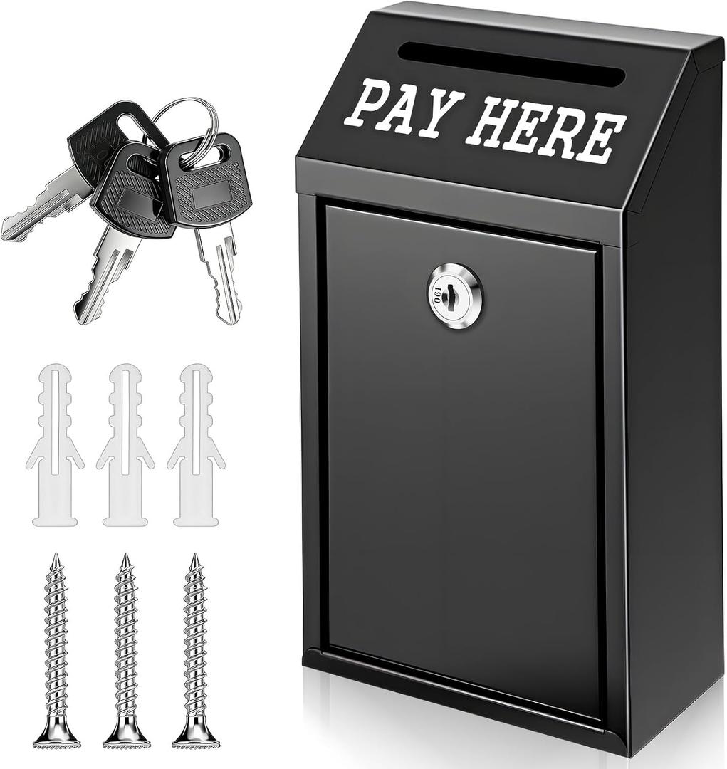 Money Drop Box, 10.2 X 5.7 X 2.8 Inch Black Metal Donation Box with Lock and Slot Wall Mount Pre Drilled Safe Suggestion Boxes Safe Cash Boxes for Farmstand Sales Home Office and Business