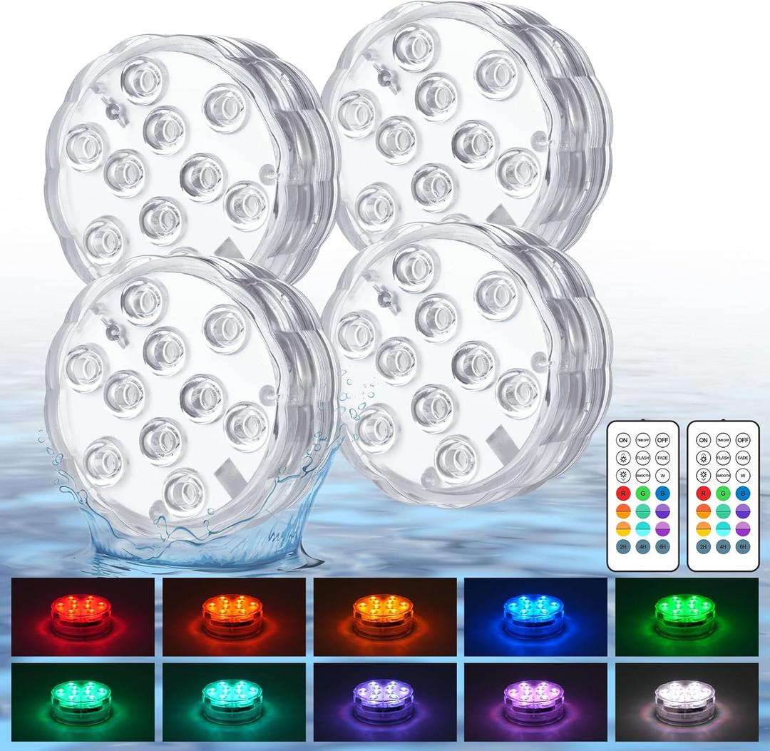 Pool Lights with Remote, 10 Color Changing Pool Lights for Above Ground Pools, Battery Operated Submersible LED Lights for Pond, Bathtub, Hot Tub, Party, 4 Pack