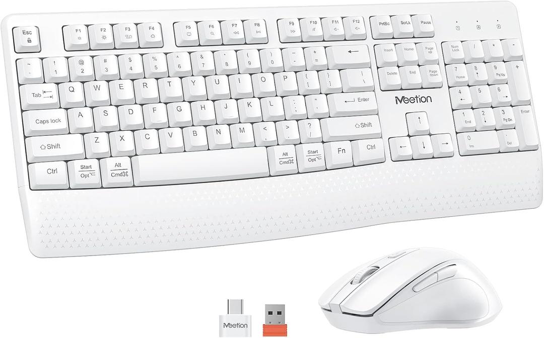 MEETION White Wireless Keyboard and Mouse, 2.4G USB Receiver Plug-and-Play, Computer Keyboard with Wrist Support, 3 Level DPI Mouse, Long Time Lasting Battery for PC/Mac/Windows/Laptop, White