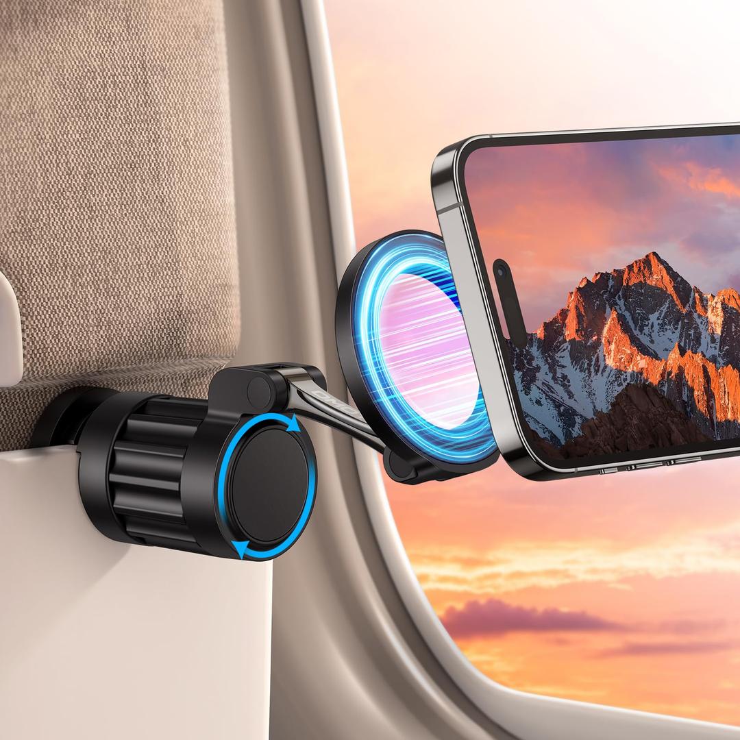 OMOTON 360°Rotating Magnetic Airplane Phone Holder Mount, for Magsafe Airplane Travel Essentials Accessories, Adjustable Foldable Universal Handsfree Phone Stand for iPhone 17 16 15 Pro Max Air