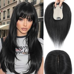 Hair Toppers for Women Real Human Hair, 360 Cover Middle Part Human Hair Toppers for Women with Thinning Realistic Scalp Line Upgrade Basement Toppers Hair Pieces (Black, Wispy Bangs)