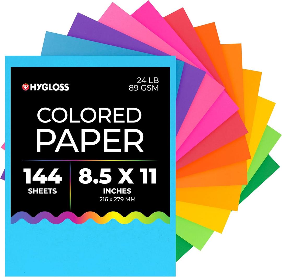 Hygloss Assorted Bright Colored Paper - 24 lb, 89 GSM, Acid-Free, Fade-Resistant, 8.5x11-Inch Letter Size Color Copy Paper, 144 Sheets, 12 Colors