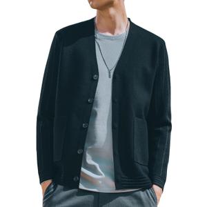 New Sweater V-Neck Solid Color Cardigan Sweater Men's Lazy Style Jacket Clip (Black, L)