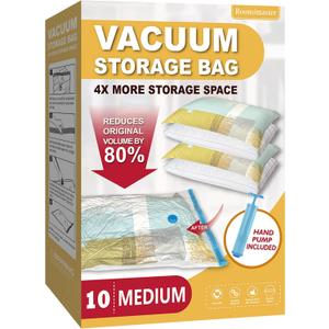 Roomimaster Vacuum Storage Bags, Vacuum Seal Space Saver Bags for Clothing, Travel Lugggage, Carry-on, Blankets, Comforters, Pillow, Bedding, 10 Medium