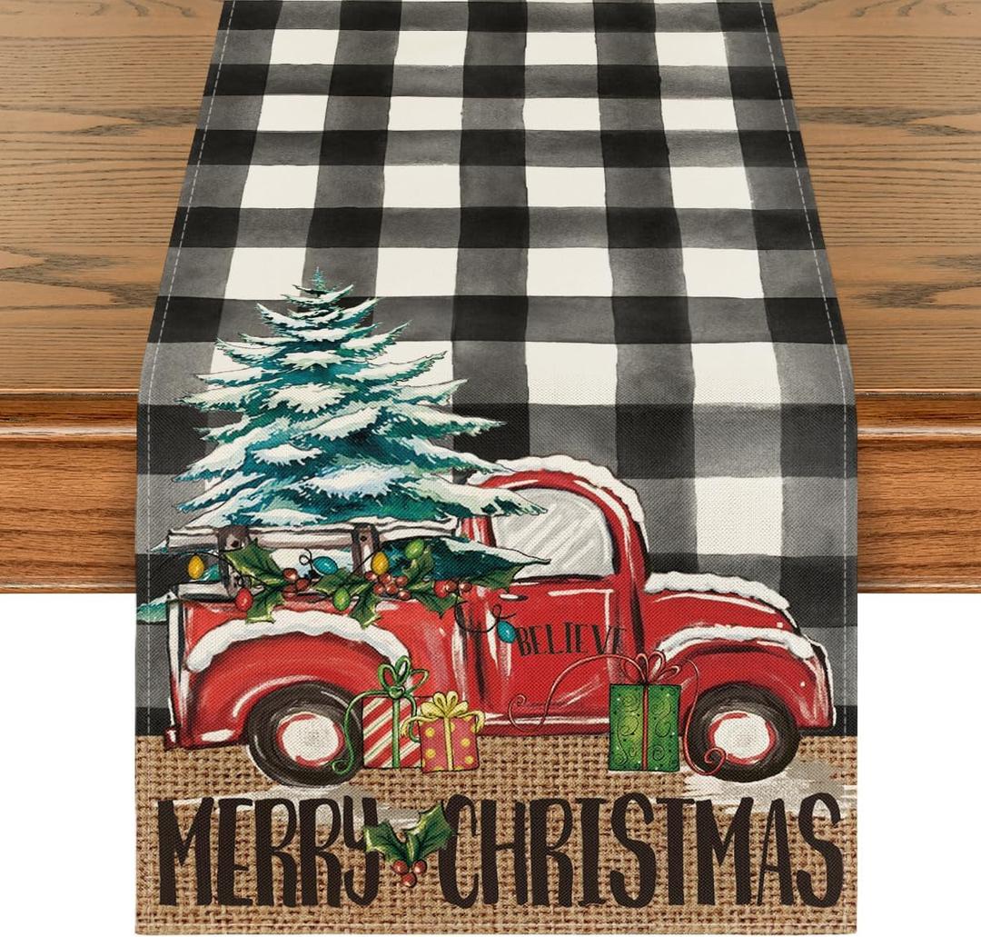 Artoid Mode Buffalo Plaid Merry Christmas Tree Table Runner, Seasonal Truck Gifts Kitchen Dining Table Decoration for Outdoor Home Party 13x108 Inch (Black/White)