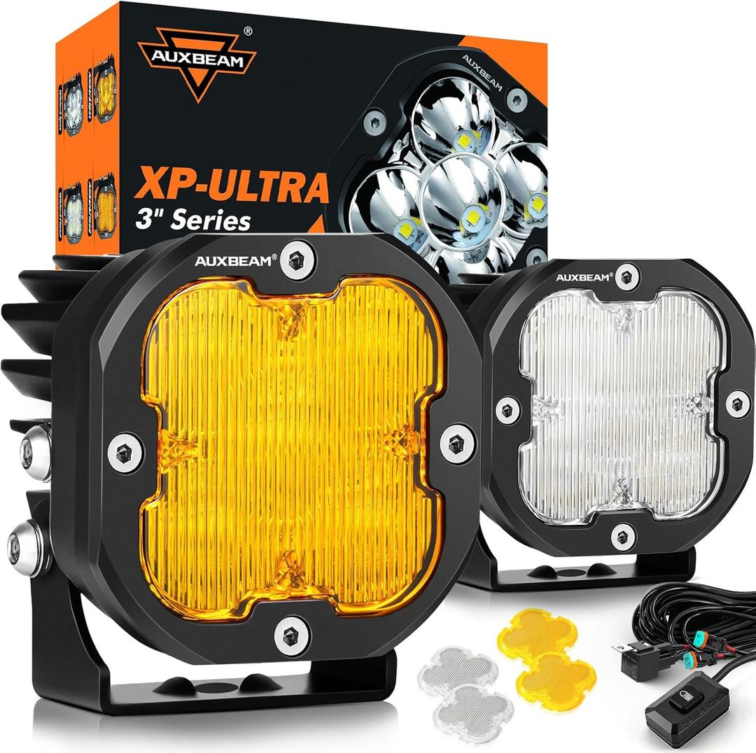 Auxbeam XP-Ultra Series 3 Inch Flood Beam LED Pods, 80W 9600LM 120 Wide Flood Lights, Amber White Dual Color, Off-Road Fog Lamp Cube Ditch Lights, for RZR Polaris Ford Bronco UTV ATV, Pair