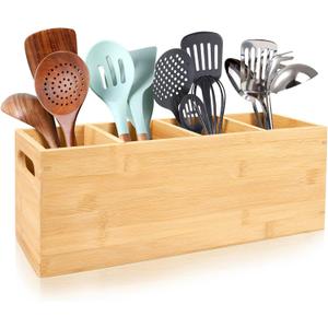 ChalkLit Bamboo Utensil Holder, Extra Large 4 Compartments Kitchen Wooden Utensil Holder Organizer for Countertop, Cooking Utensil Caddy Farmhouse Utensil Crock, Efficient Cooking Tools Storage (Natural)