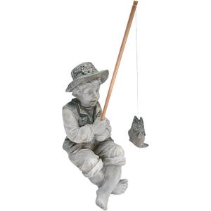 Design Toscano Frederic the Little Fisherman of Avignon Boy Fishing Garden Statue, 15 Inch Tall, Cast Stone Resin, Two Tone Stone Finish