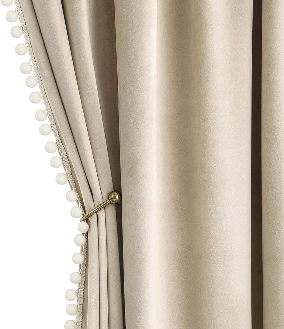 MIULEE Beige Pom Pom Velvet Curtains for Bedroom/Living Room Cream Darkening Thermal Insulating 63 Inches Long Blackout Curtains with Rod Pocket for Girls Room/Nursery/Home Theater Set of 2