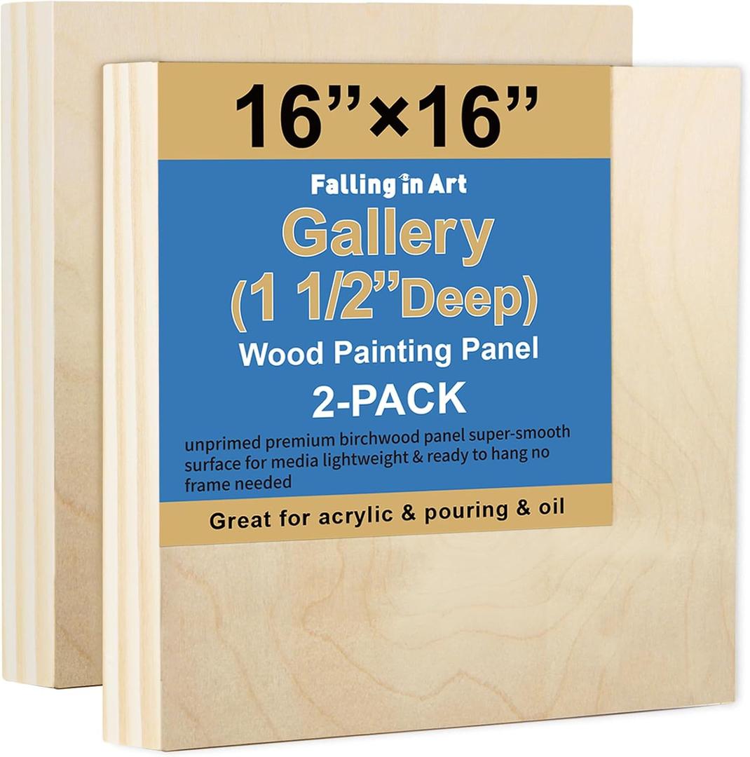 Falling in Art 2 Pack Unfinished Wooden Canvas Panels, 16x16 Gallery Birch Wood Panels Kit, 1 1/2" Deep Art Cradle Boards for Acrylic Painting, Pouring and Burning