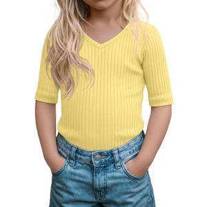Toddler Girls Short Sleeve Shirt Cotton Ribbed Slim Fit V Neck Elbow Length Casual Soft Basic Top Kids Summer Tee