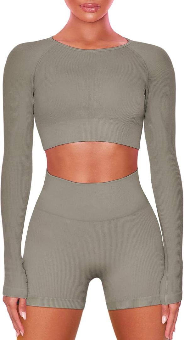 Buttergene Women Workout Sets 2 Pieces Long Sleeve Yoga Outfits Gym Clothes Seamless Ribbed Crop Top High Waist Leggings (Small, Top+shorts-khaki)