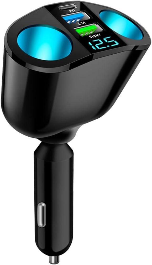 Car Cigarette Lighter Splitter, 2-Socket Cigarette Lighter Adapter with LED Voltmeter, Dual USB QC3.0 Type-C 20W PD Fast Car Charger, 12V/ 24V Splitter Adapter for Smart Phone GPS Dash Cam