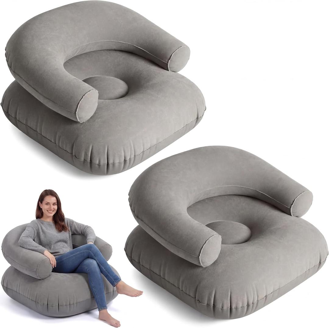 Threehoney 2 Pcs Inflatable Lounge Chair Deck Chair Lazy Sofa, Blow Up, Folding, Portable Couch for Home, Office Balcony, Floor Seating (Dark Grey)