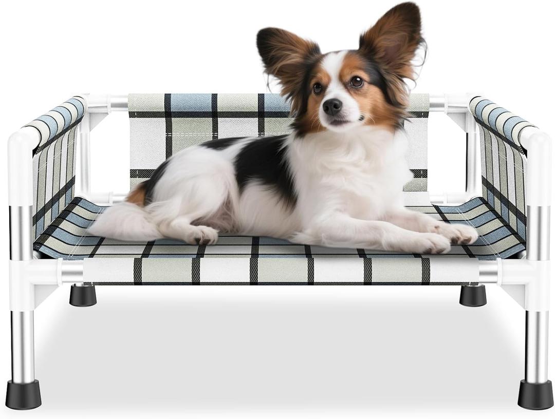 Elevated Raised Outdoor Dog Bed - Cooling Washable Dog Cot with Guardrail, Durable & Breathable Cotton Mesh Pet Hammock Beds with Stainless Steel Pipe Frame for Small Pets (20'' x 20'' x 12'')