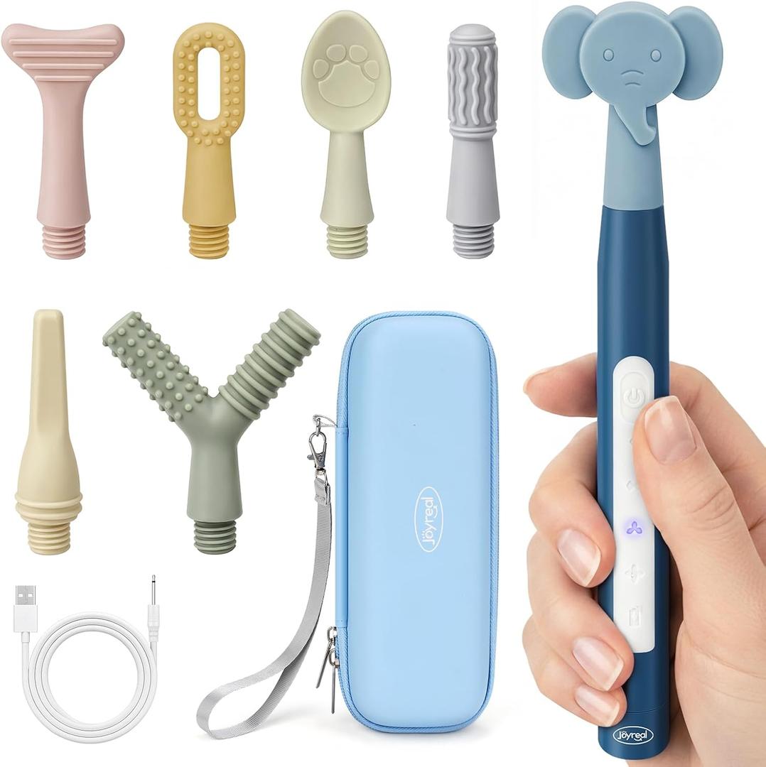 Joyreal Rechargeable SensoryBuzz Oral Motor Vibration Kit with 7 Textured Silicone Heads - 4 Modes Vibrating Teether Autism Sensory Products for Speech Therapy, Stimulate Self Feeding, Sensory Needs