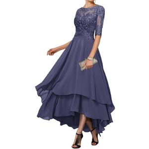 Tea Length Lace Chiffon 1/2 Sleeve Stormy Blue Plus Size Mother of The Bride Dresses for Wedding with Pockets Size 16W