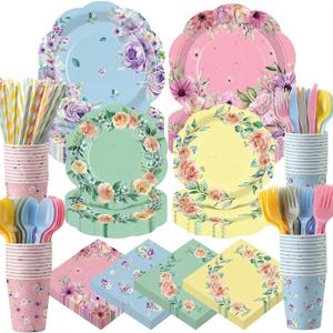 450 Pcs Floral Tea Party Tableware Set Decorations Scalloped Flower Paper Plates Napkins Cups Cutlery Straws for Pastel Garden Baby Bridal Shower Wedding Birthday Party Supplies, Serves 50