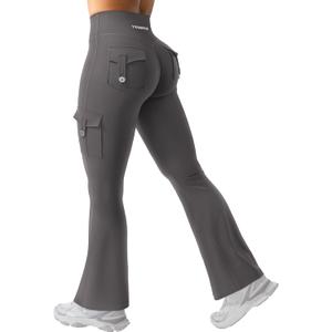 YEOREO CoreFlex Women Workout Flare Leggings with Pockets Hidden Scrunch High Waisted Cargo Gym Yoga No Front Seam Leggings (Black, L)
