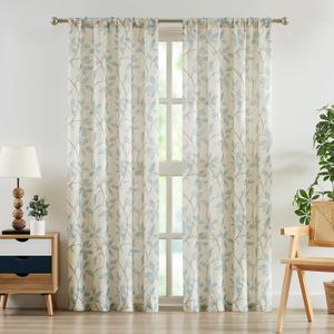 ZJDECOR Farmhouse Semi Sheer Curtains 84 Inches Long with Botanical Light Blue Leaf Grey Branch,Linen Blended Drapes,Rod Pocket Back Tab Window Treatment with Tape for Bedroom Living Room,38"Wx84"Lx2