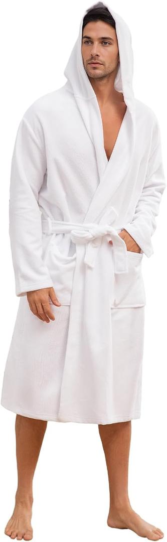 Mens Hooded Absorbent Terry Cloth Robe All Season Knee Length Design Kimono Spa Bathrobe (3X-Large-4X-Large Big Tall, White)
