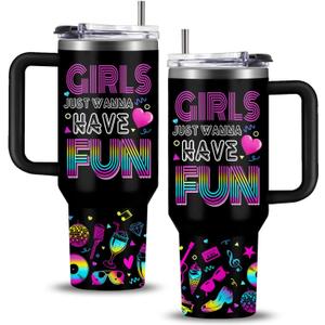 WWHSAl Girls Just Wanna Have Fun Neon Girl Tumbler  Bachelorette Party Girl Birthday Slumber Party Pajama Partys Girls Night Out Stainless Steel Insulated Travel Mug Trendy Gift for Teen 40oz