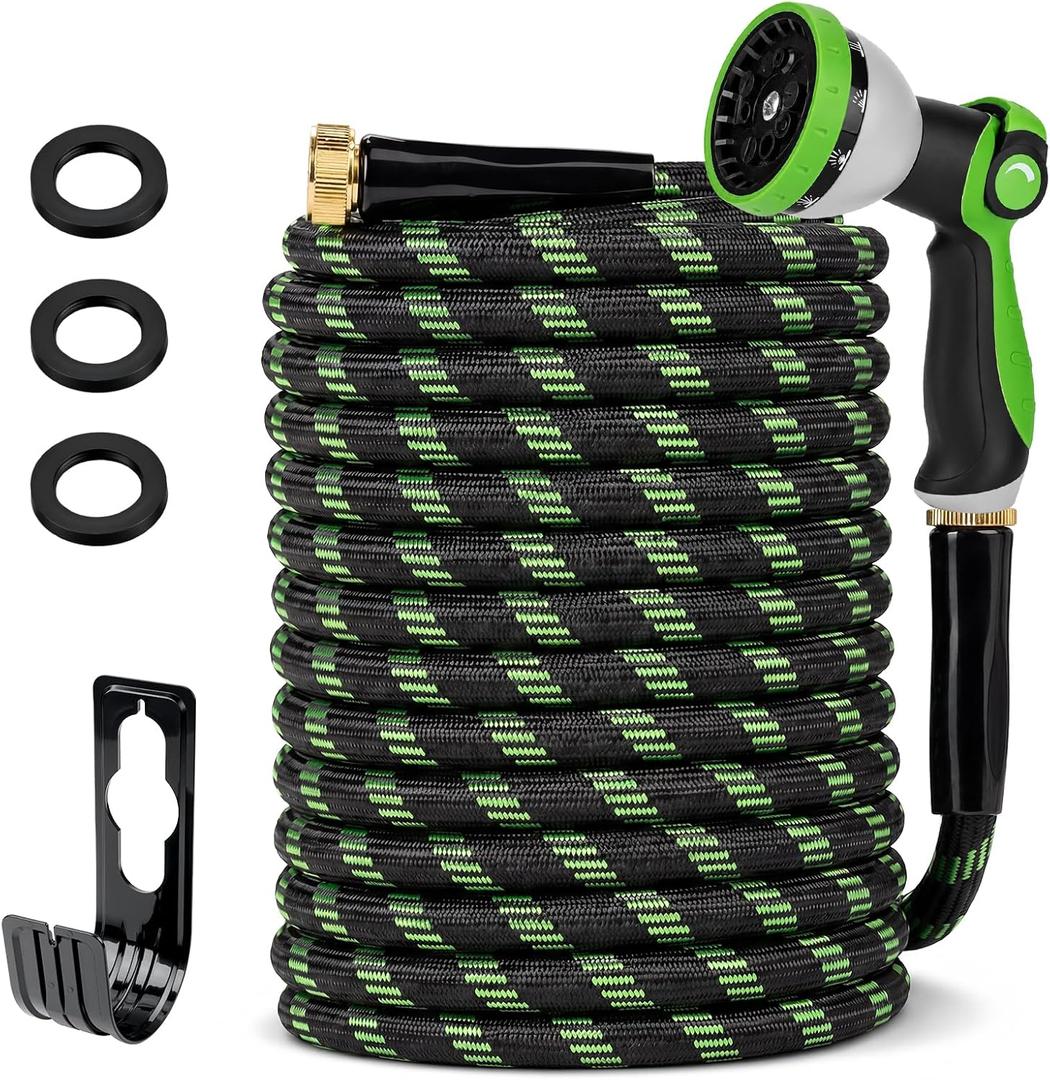 Garden Hose 100 FT, Non-Expanding Water Hose with 10 Pattern Spray Nozzle, Lightweight Flexible Kink-Resistant Garden Hose, Durable Outdoor Hose for Yard, Lawn, Patio, Garden, Car Washing, Black Green
