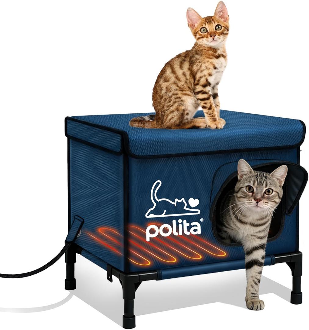 Rugged Heated Cat House for Outdoor Cats in Winter, Extremely Insulated & 100% Weatherproof, Elevated Feral Cat Shelter with Waterproof Eaves & Safe Escape Door for Stray & Barn Cats​​