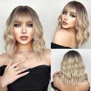 incohair 14 inch Ombre Blonde Bob Wig for Women Short Wavy Wig with Bangs Dark Roots Heat Resistant Synthetic Party Wig for Women Daily Wear Wigs