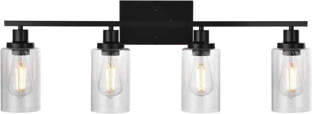 Black 4-Light Bathroom Light Fixtures with Seeded Glass Shade, 31-Inches Length Farmhouse Vanity Lights Over Mirror for Cabinet Kitchen Bedroom