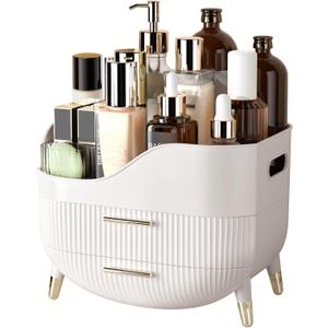 Makeup Organizer for Vanity, Large Capacity Skincare Cosmetic Organizer Countertop with 2 Drawers, Cosmetic Display Cases Makeup Storage Box for Bedroom, Bathroom, Ideal Gifts for Women(White)