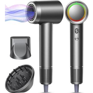 Hair Dryer - 1 Min Fast Drying, High-Speed Blow Dryer with 500 Million Negative Ions, No Heat Damage, Low Noise, Lightweight, Professional Hairdryer with Diffuser & Nozzle for Women, Gunmetal