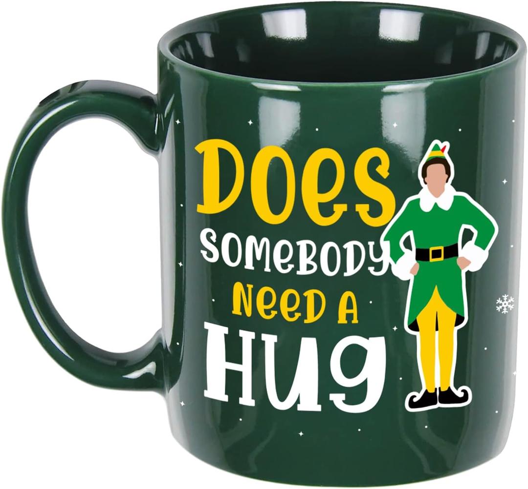 Buddy The Elf Mug, Funny Christmas Coffee Mug, 11oz Holiday Drinking Cup, Elf Merch Gifts, Novelty Christmas Party Cups for Table Decorations, Xmas White Elephant Gifts for Women Men Coworkers (Hug)