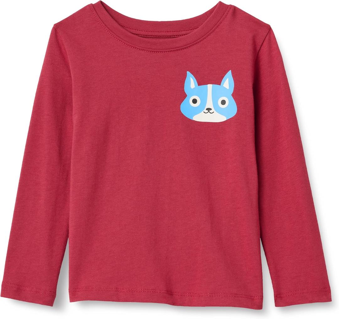 Amazon Essentials Boys and Toddlers' Long-Sleeve Cotton T-Shirts (Medium, Dark Red Dog)