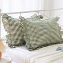 Sage Green Plaid Ruffle Pillow Shams Standard Set of 2,Vintage Checkered Washed Cotton Bed Pillow Covers-20 x26