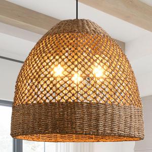 19 Large Rattan Pendant Light Fixture,3 Light Boho Handmade Woven Wicker Rattan Ceiling Farmhouse Chandelier for Kitchen Island Dining Rooms, Corridors, and Entrance Halls.