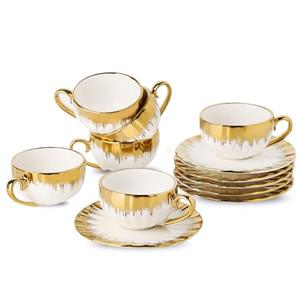 LETAOTAO Espresso Cups and Saucers, 2.5 oz Porcelain Espresso Cups Set of 6, Ceramic Coffee Cups with Gold Trim, Espresso Mugs, Mini Demitasse Cups with Handle for Single Espresso, White