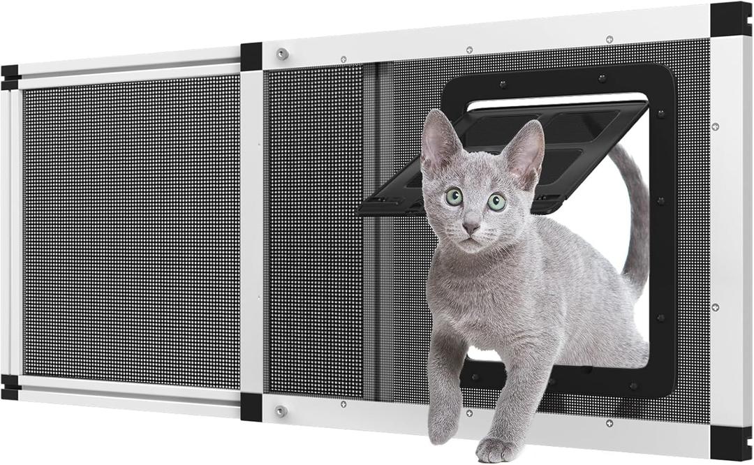 Ventilated Pet Door for Window, Fits 32"-38" Width Window, 2-Min Install | Aluminum Frame + Stainless Steel Mesh | Breathable Bug-Proof | Magnetic Closure Window Cat Door, Cat Door for Window Insert (White)