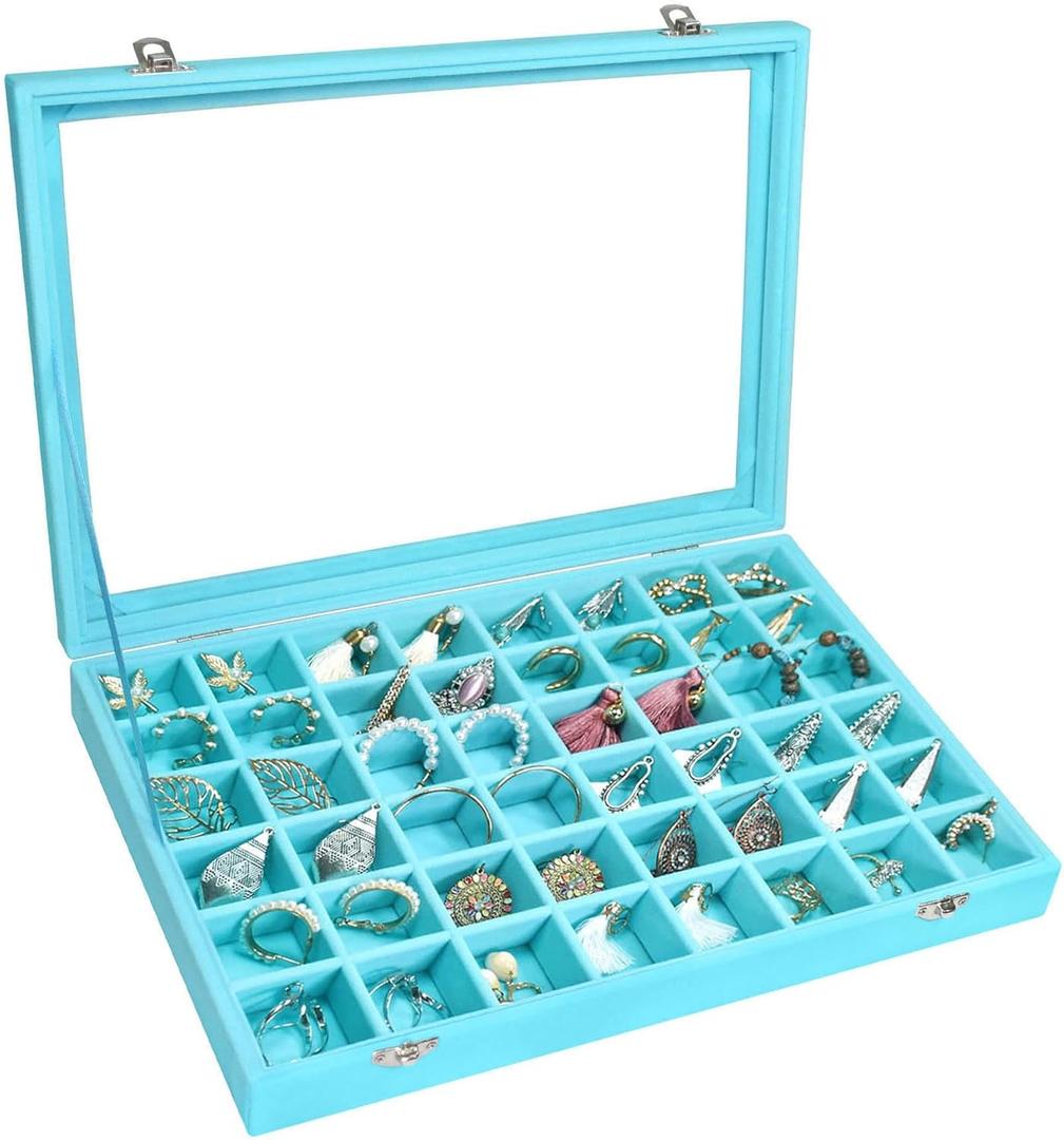 Velvet Jewelry Tray 48 Grid Jewelry Display Tray Organizer Box with Transparent Lid Rings Earrings Necklaces Pendants Display Box Suitable for Women and Girls (Light Blue)