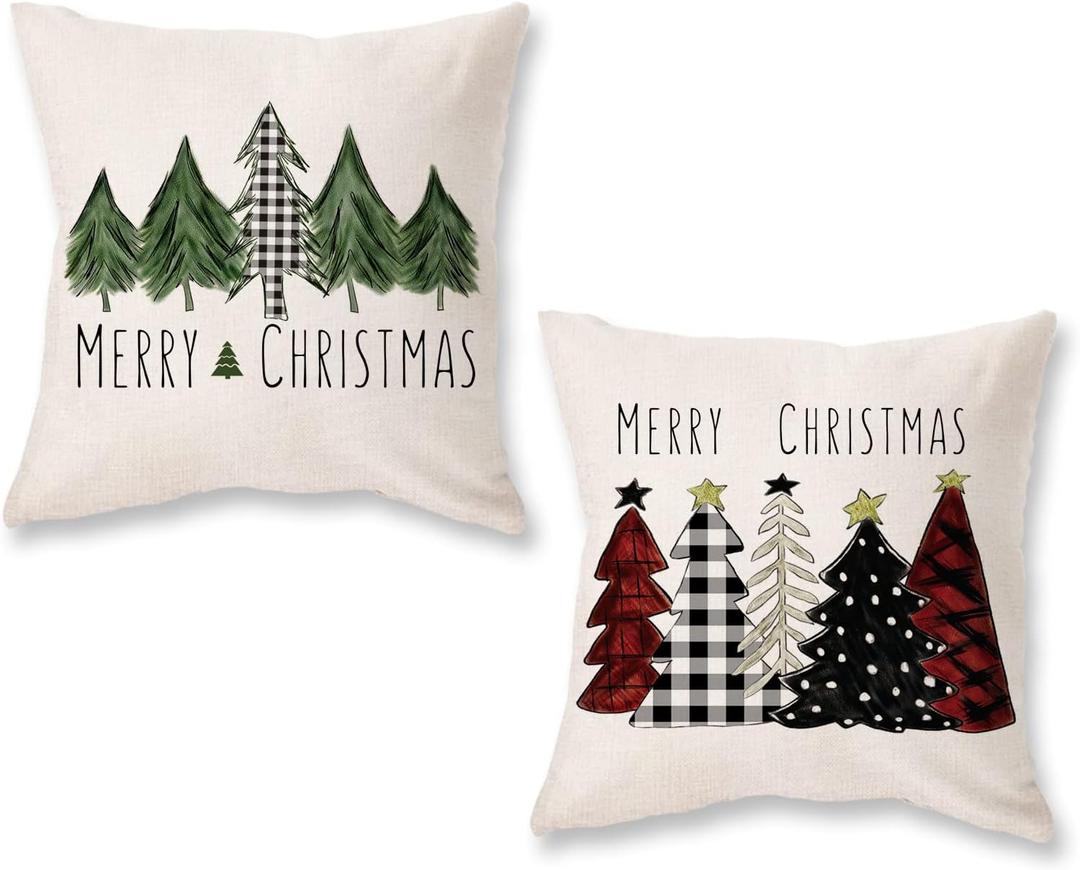ONWAY Christmas Pillow Covers 18x18 Inch Set of 2 Xmas Trees Red Buffalo Plaid Black Green Decorative Pillowcases Farmhouse Merry Christmas Winter Holiday Cushion Cases for Sofa Couch (Beige)