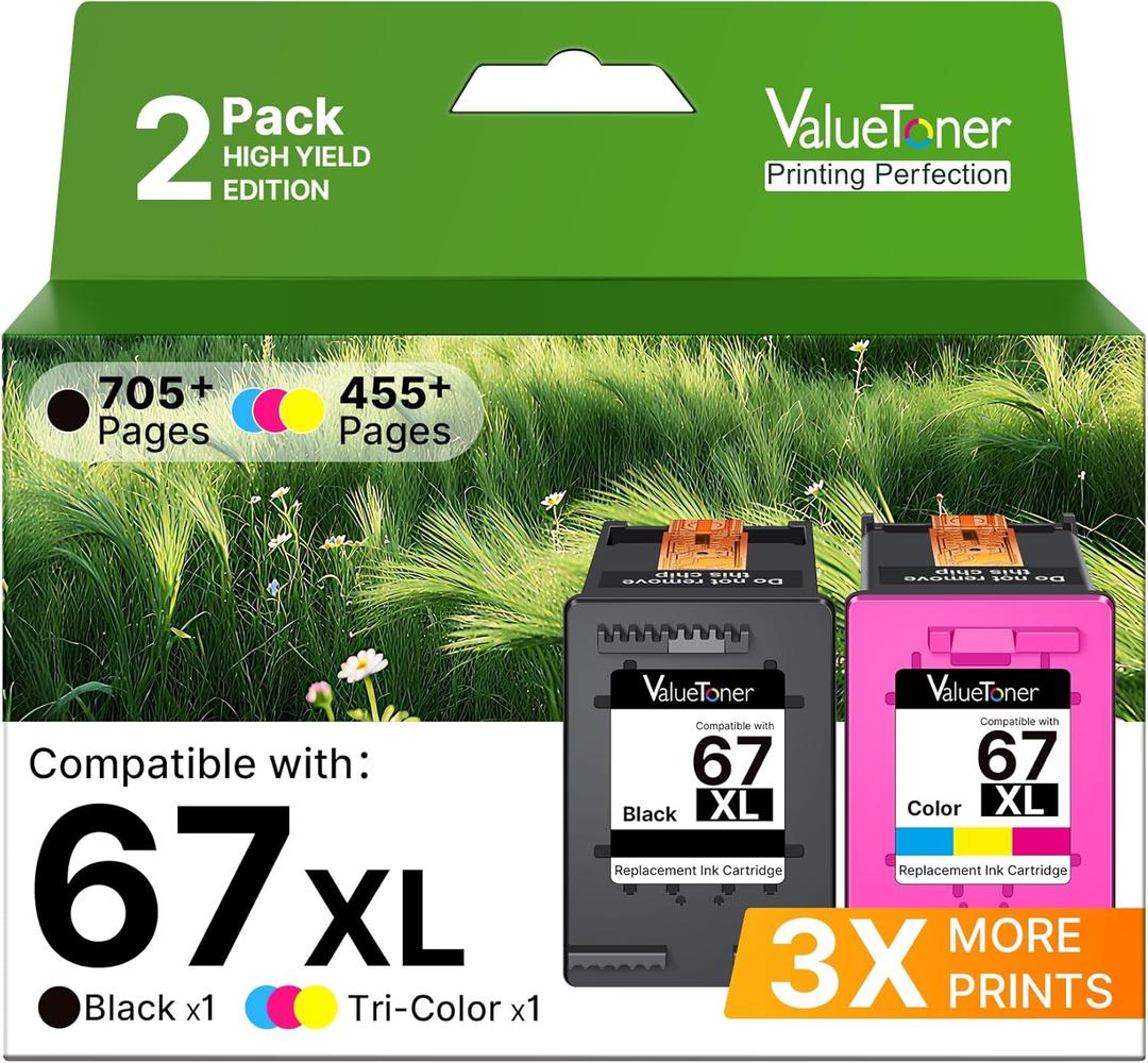 67XL Ink Cartridges Black/Color Combo Pack Replacement for HP Ink 67 67XL HP67 HP67XL HP67 Ink Cartridges for DeskJet 2855e 4255e 2827e 4227e Envy 6055 6055e 6052 6455e 6452 6458 2-Pack