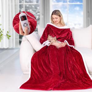 Wearable Heated Blanket with Sleeves, Electric Heated Robe with Foot Pockets, Electric Snuggie for Women, 6 Heating Levels & 1-4 Hours Timer, 50"x70" (Red)