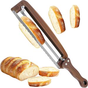 Bread Slicer for Homemade Bread-Adjustable Wooden Sourdough Bread Knife with Thickness Guide,Cutter Tools for Crusty Sourdough & Baguette,Ambidextrous Use,Gift for Baker (Brown)