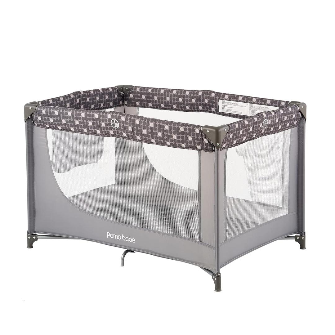 Pamo Babe Portable Crib Baby Playpen with Mattress and Carry Bag Grey (Grey)