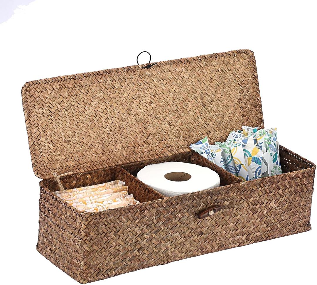 Sumnacon Extended Seagrass Storage Basket with Lid 3-Section Wicker Storage Basket,Small Woven Shelf Basket for Toiletries Tampon Storage,Seagrass Basket for Shelf Bathroom Toilet Counter,Coffee (Large)