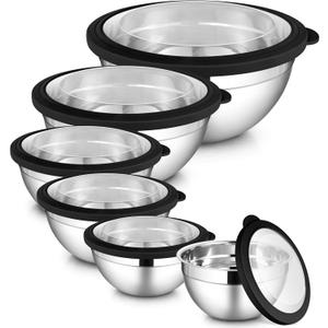 LIANYU Stainless Steel Mixing Bowls Sets of 6, Large 7, 3.5, 2.5, 2, 1.5, 1QT Size with Transparent Airtight Lids, Metal Nesting Serving Bowl Sets for Home Kitchen, Dishwasher & Freezer Safe, Black