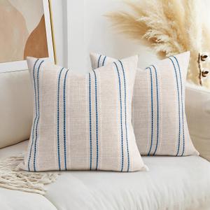 AELS 18x18 Decorative Farmhouse Linen Throw Pillow Covers, Boho Textured Pillow Case, Set of 2,Beige with White & Navy Blue Stitch Yarn Dyed Stripe Cushion Cover for Sofa Couch Living Room(Cover ONLY)