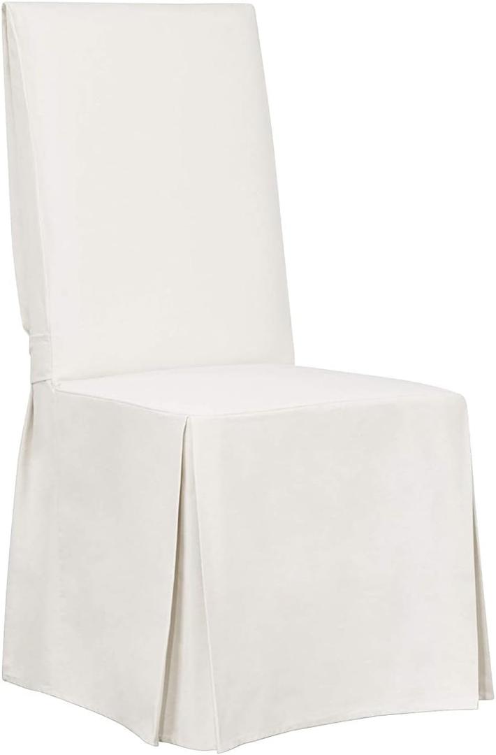 SureFit Essential Twill Straight Long Dining Chair Slipcover, Dining Chair Cover with Cotton Solid Design, Long Straight Skirt and Corner Pleats, Machine Washable, White