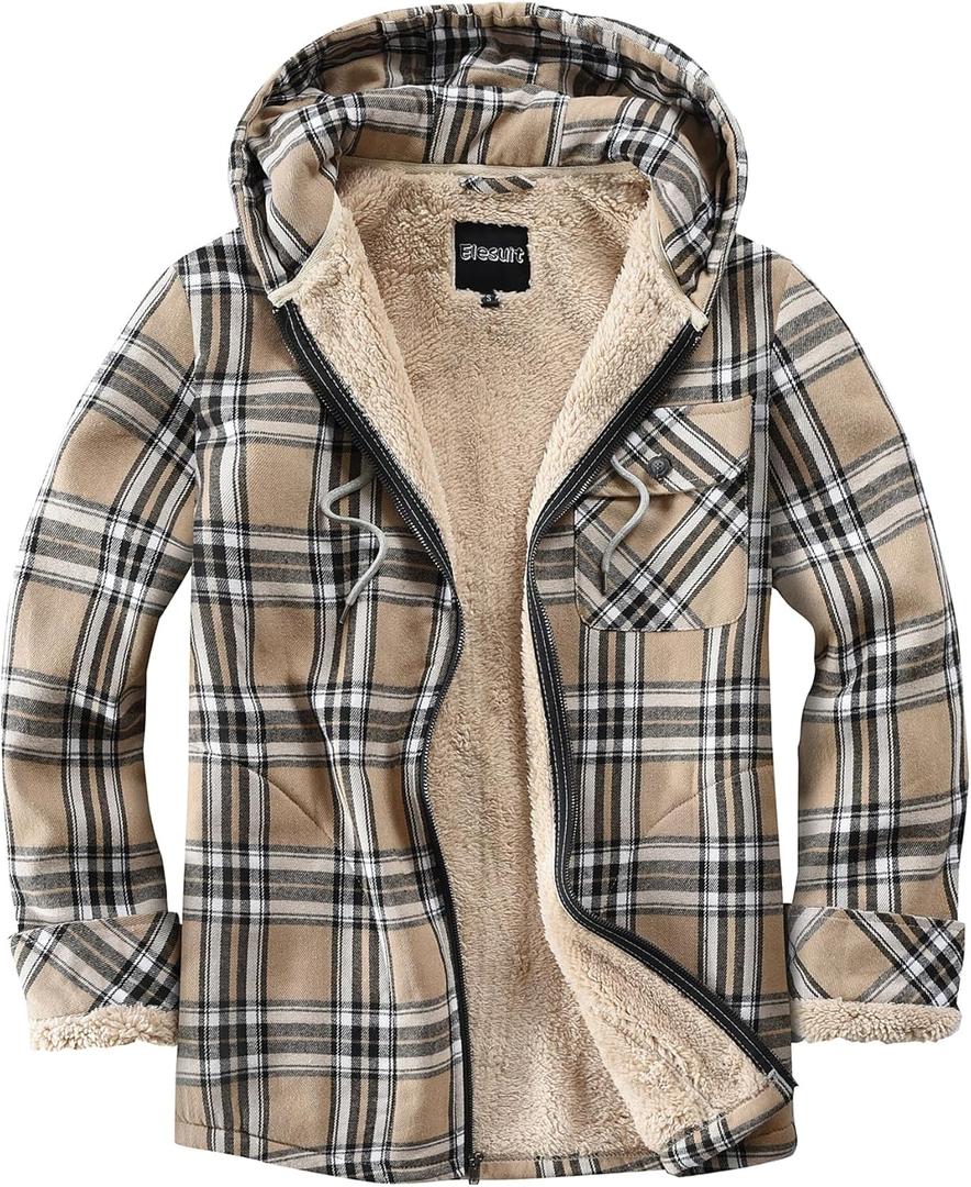 Elesuit Men's Full Zip Fleece Flannel Jackets Shirt Plaid Cotton Hoodies Soft Warm Coat for Men with Hood (X-Large)