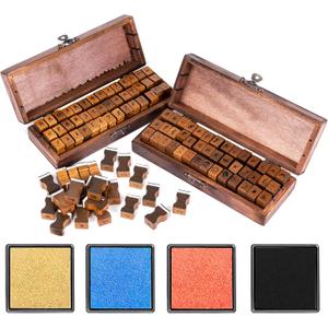 Rancco Alphabet Stamps for Crafts w/ 4 Ink Pad, 84 Pc Vintage Wooden Rubber Stamps w/Storage Box, 2 Set Mini Handwriting Number, Symbol & Letter Stamps for Gift Card Making, DIY Scrapbook, Clay Craft